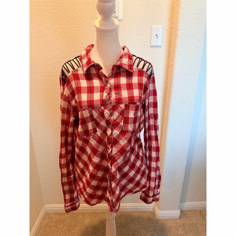 Poof Button-Up Shirt Womens XL Red White Plaid Shoulder Cutouts Strappy